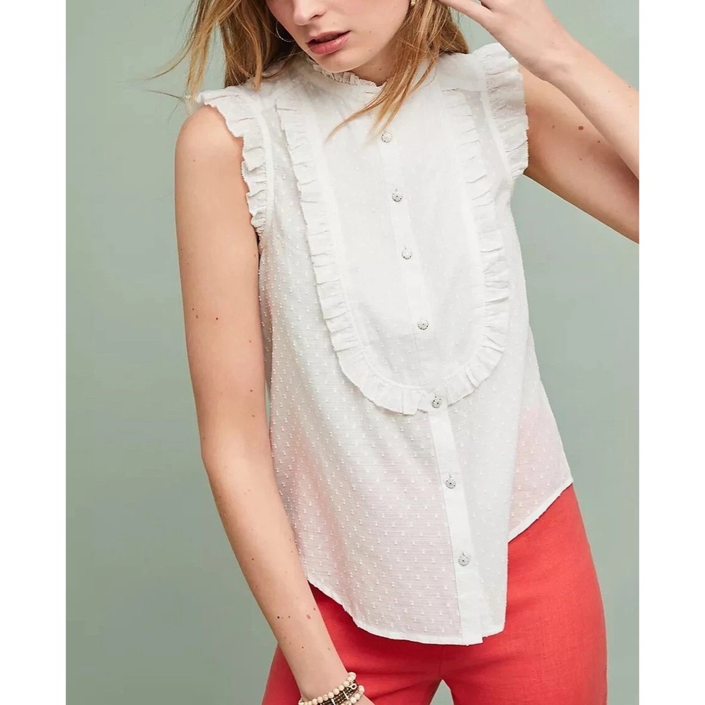 Feather Bone Anthropologie Soneva Swiss Dot Ruffle Top Small Button Sleeveless
